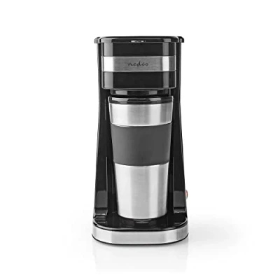Bild av Nedis Kaffemaskin design i rostfritt stål resemugg med lock dubbelväggig isolering anti droppfunktion 1 kopp på en gång 0,4 l svart/silver