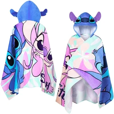 Bild av Disney Stitch badhandduk med huva för barn och tonåringar absorberande ombytesrock, ponchohandduk simning, bad, dusch, strand, handduk, semester, nödvändigheter (blå/flera stygn, 6 14 år)