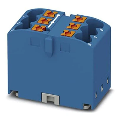 Bild av PHOENIX CONTACT PTFIX 6X2,5 G BU distributionsblock, basklämma, 450 V, 24 A, antal anslutningar 6, tvärsnitt 0,14 mm² 4 mm², AWG: 2612, bredd 16 mm, höjd 22,7 blå, 10 stycken