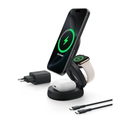 Bild av Belkin MagSafe kompatibel laddare, konverterbar 3 i 1 trådlös laddningsstation, Qi2 certifierad 15 W laddare för iPhone 16, Apple Watch, AirPods, med halkfri sockel, 36 medföljer Svart