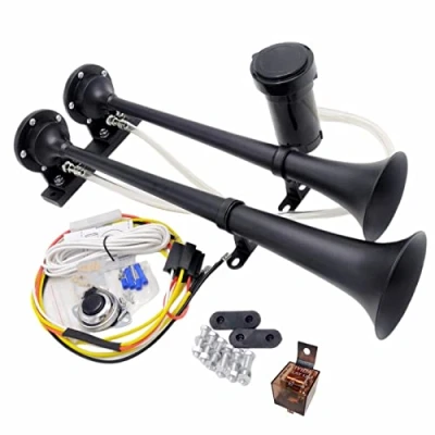 Bild av YIYIDA Bilhorn Lufthorn 170db Air Horn Ship Elektriskt 12V Lastbilshorn Zink Krom Svart Hög Ton Låg Högtalare Dubbelrör Car för Bilbåt Yacht