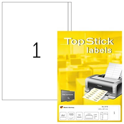 Bild av TopStick 8719 universella etiketter A4 stora (200 x 297 mm, 100 ark, papper, matt) självhäftande, utskrivbara, permanenta adressetiketter, klistermärken, vit