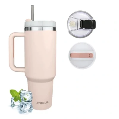 Bild av STARLA Termosmugg med sugrör och handtag 1,2 l stor, 2 lock, läckagesäker, rostfritt stål isoleringskopp, kaffemugg To Go vattenkopp, resemugg, drickmugg (rosenkvarts)