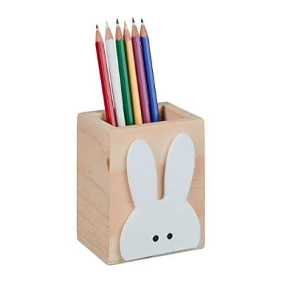 Bild av Relaxdays Hare, trä, H x B D: 10 8 6 cm, barn pennkopp för skrivbord, penselhållare, natur/vit