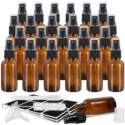 Bild av Belle Vous Sprejflaskor i Bärnstensfärgat Glas (24 Pack) 30 ml Tomma Fina Sprejflaskor, Diskborste, Tratt, Etiketter &amp; Penna Återfyllningsbara Flaskor för Eteriska Oljor, Rengöring Aromaterapi