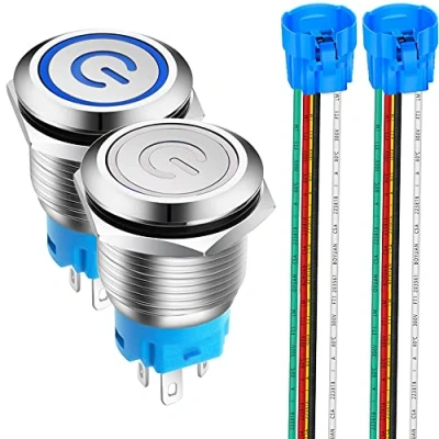 Bild av Gebildet 2 stycken 19 mm Rostfritt Stål Spärr Tryckknapp 12 V 24 5 A Power Symbol LED 1NO1NC SPDT ON Off Vattentät Icke momentan Vippströmbrytare med Uttagskontakt (Blå + Vit LED)