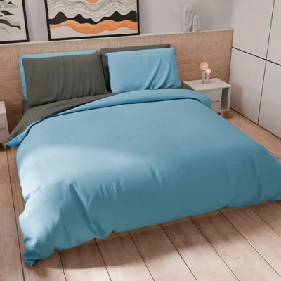 Bild av PETTI Artigiani Italiani Dubbelt påslakanset 250x200 cm (2 örngott 50x80 ingår), ljusblå enfärgad mjuk påslakan set mikrofiber mörkgrå