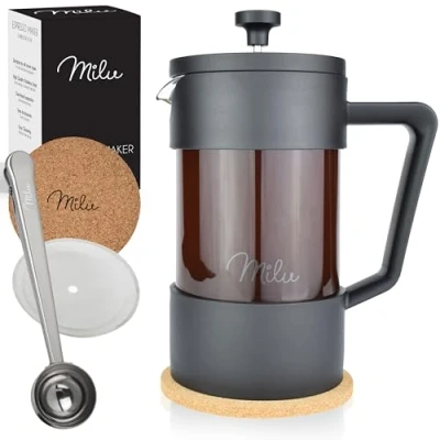Bild av Milu fransk kaffepress 350ml 600ml 1L homgeek French Press Kaffeebereiter glas ersättningsfilter Kaffebryggare (svart, 1000ml (5 koppar)