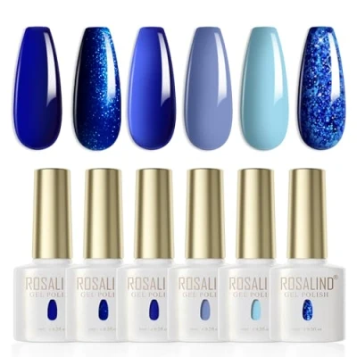 Bild av ROSALIND UV nagellack blå, 6 färger unik blå Glitter Navy Sky Blue Ocean Cobalt Sparkle Diamonds Summer Spring Gel Nails Shellac Soak Off LED Polish Nail