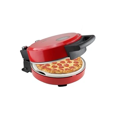 Bild av Bestron Pizzaugn, för krispig pizza på 5 10 minuter, elektrisk pizzaugn med en temperatur 320C, inklusive eldfast sten och 2 stora träspatlar, färg: Röd