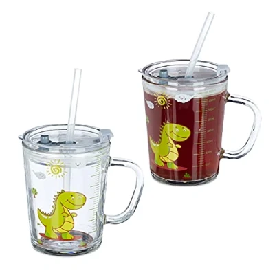 Bild av Relaxdays Dricksglas barn, set om 2, dino motiv, barnglas med handtag, lock och sugrör, 400 ml skala, transparent