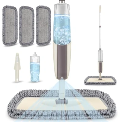 Bild av Mikrofibermopp golvmopp med spray för golvrengöring, MEXERRIS mopp laminatträplattor, våt dammmopp 3 återanvändbara kuddar, 1 påfyllningsbar flaska 410 ml och skrubbare