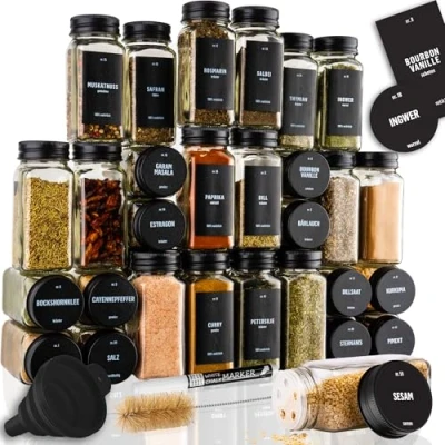 Bild av Deco haus® Kryddburkar Glasburkar med Lock Set om 24 Kryddburk Olika Fästen, Tratt, Borst, Etiketter och Penna Glasburk Perfekt för Våra Egna 4 Kryddstativ 120 ml, 10,5 x 4,5 cm