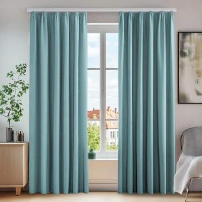 Bild av Deconovo Set med 2 mörkläggningsgardiner veckband värmeisolerad dörrgardin för vardagsrum sovrum 140 x 220 cm himmelsblå