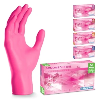 Bild av 100x ARNOMED engångshandskar rosa, nitrilhandskar M, med 100 st/box, puderfria, latexfria gummihandskar, finns i XS, S, L &amp; XL