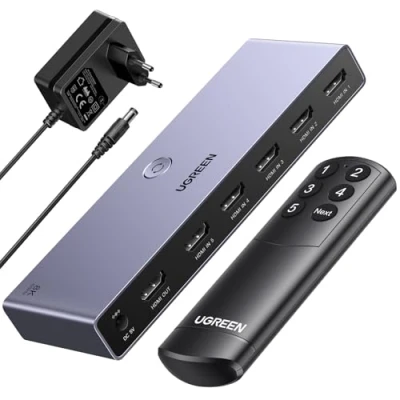 Bild av UGREEN HDMI omkopplare 8K 60Hz 5 ingångar 1 utgång 3D HDR10 VRR med fjärrkontroll, kompatibel PS5, PS4, Xbox One 360, TV stick box, Chromecast, Blu Ray spelare, DVD HDTV