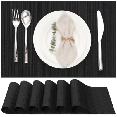 Bild av Myir JUN Bordsset set med 6 stycken, tvättbar värmebeständig halkfri vävd bordstabletter, PVC, vinyl, för kök, matbord, 30 x 45 cm (svart)