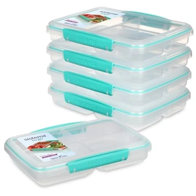 Bild av Sistema TO GO matbehållare med separata fack för portionering, avdelare och klämmor, 820 ml, BPA fri, 5 förvaringsburkar, stycken (1 pack)