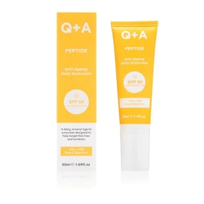 Bild av Q+A Peptid Anti Åldrande Daglig Solkräm SPF 50: Lätt, Icke Klibbig, Bredspektrum UVA/UVB, Kollagenstimulerande, Återfuktande, Strålglansförbättrande, 95% Naturlig, Vegan, Ansiktssolkräm, 50ml.