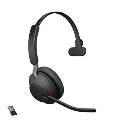 Bild av Jabra Evolve2 65 trådlöst headset Bullerdämpande UC certifierade monohörlurar med lång batteritid USB A Bluetooth adapter svart