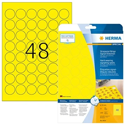 Bild av HERMA 8034 väderbeständiga folieetiketter A4 (Ø 30 mm, 25 ark, polyesterfolie, matt, rund) självhäftande, utskrivbara, extremt stark häftande utomhus signaletiketter, 1 200 klistermärken, gul