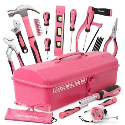 Bild av Hi Spec Retro rosa verktygslåda med en mängd verktyg som varje kvinna behöver också lämplig för flickor, allt i snygg metallverktygslåda