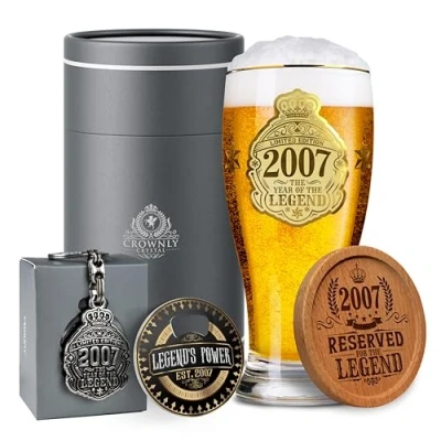Bild av CROWNLY CRYSTAL® 2007 18:e födelsedagspresenter för pojkar, personliga presenter, ölglas, 570 ml (1 pint) födelsedagsdekorationer, till honom son födelsedag glasögon