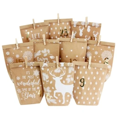 Bild av DIY Adventskalender att fylla 24 tryckta presentpåsar och nummerklistermärken klämmor motiv Mysig vintervit för pyssel gåvor Jul