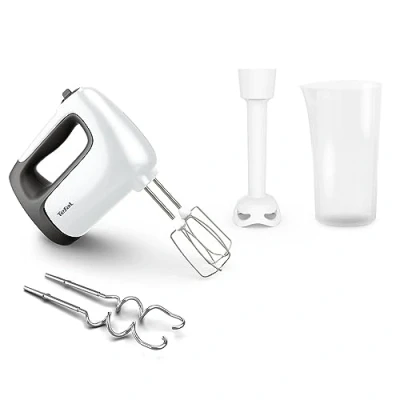 Bild av Tefal HT4611 Prep&#039;Mix+ handmixer 500 watt glidknapp med 5 hastigheter turbo inkl. tillbehör: 2 visp/2 knådkrokar/puréstav/mätkopp vit/svart