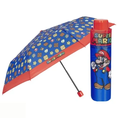 Bild av PERLETTI Super Mario Bros Hopfällbart Kompakt Paraply för Barn Supermario Manuellt Vindtät Skärm Pojkar Blå och Röd Mini Resa Pojke 5 6 7 År Diameter 91 cm