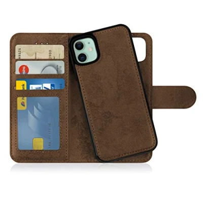 Bild av MyGadget Avtagbart klafffodral, kompatibelt med Apple iPhone 11 magnetiskt Flip Cover PU läderfodral plånboksfodral brun