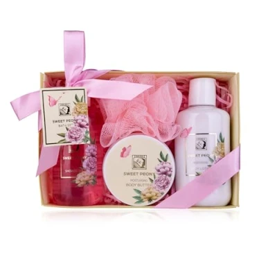 Bild av Accentra Duschset för kvinnor SWEET PEONY i vacker presentförpackning 4 delat vårdset med duschgel, bodylotion, body butter och nätsvamp presentset Alla hjärtans dag &amp; Mors
