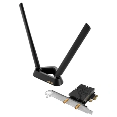 Bild av ASUS PCE BE92BT WiFi 7 PCI E adapter, 2 externa antenner och magnetiserad bas, kompatibel med 6GHz, 320MHz, Bluetooth 5.4, WPA3, endast kompatibla Intel moderkort