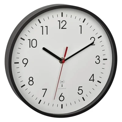 Bild av TFA Dostmann analog trådlös väggklocka, 60,3550.01, praktisk display, klassisk, analog, glaslock för väntrum, hemma, lätt läsning, 245 x 42 mm, svart