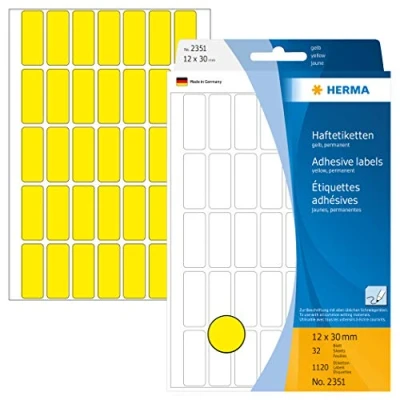 Bild av HERMA 2351 multifunktionsetiketter mini (12 x 30 mm, 32 ark, papper, matt) självhäftande, permanenta hushållsetiketter för handskriven märkning, 1 120 klistermärken, gul