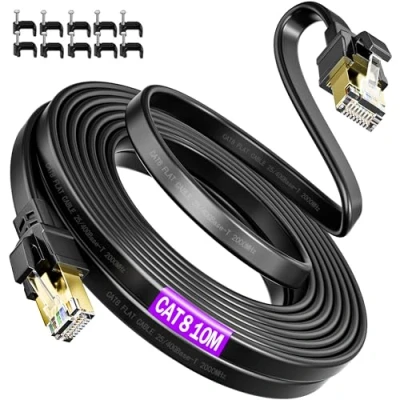 Bild av Nätverkskabel Cat8 10m, Cat 8 Ethernet Kabel Höghastighets LAN 10m 40Gbps 2000MHz FTP Skärmad Gigabit Cable Platt RJ45 Patchkabel Lång Internetkabel för Router, Modem (10 kabelklämmor)