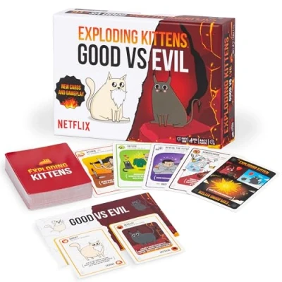 Bild av Exploding Kittens Good vs. Evil 55 Kort inspirerade av Netflix serien Höj nivån på med nya karaktärer Familjespel för barn och vuxna Roliga kortspel timmar spelglädje