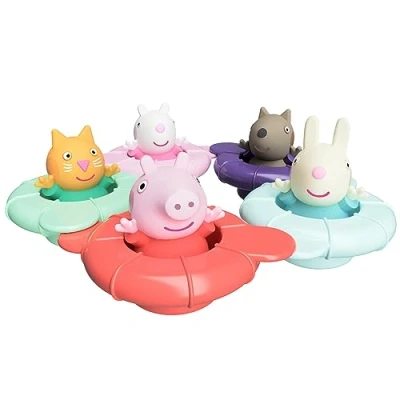 Bild av TOMY Toomies Peppa&#039;s Pool Party 5 kopplande ringmuggar med Peppa Pig &amp; Friends Water Squirter babyleksak badleksak + 18 månader baby och plaskdamm leksak