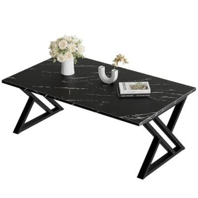 Bild av Soffbord, vardagsrumsbord, mittbord, rektangulärt tebord, sidobord med svart metallram för vardagsrum sovrum kontor, modern öppen design, 90 x 45 cm, marmor