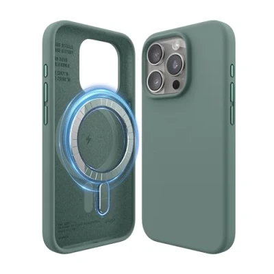 Bild av elago Magnetiskt SilikonFodral Kompatibelt med iPhone 15 Pro Fodral 6,1 tum, alla MagSafe Tillbehör Inbyggda Magneter, Mjukt Grepp Silikon, Stötsäker [midnattsgrön]