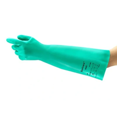 Bild av Ansell Alphatec 37 185 handskar kemiskt skydd i nitril, ogenomtränglig handske mycket resistent vätska och lösningsmedel, epi män kvinna, återanvändbar, grön, storlek m (1 par)