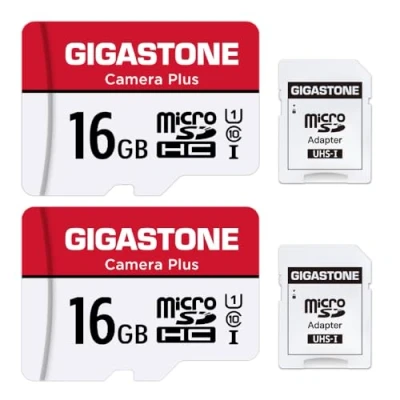 Bild av Gigastone 16 GB minneskort set med 2 kort, kamera plus serie, hastighet upp till 85 MB/s. idealisk för Full HD Video Gopro drönarkamera, U1 C10 Micro SDHC kort minifodral och SD adapter.