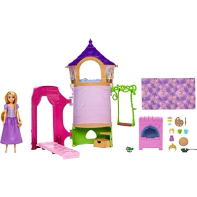 Bild av Mattel Disney Princess leksaker, lekset med ställbar Rapunzel docka och torn lek i 360 grader, 6 lekområden 15 tillbehör, inspirerat av filmen HMV99