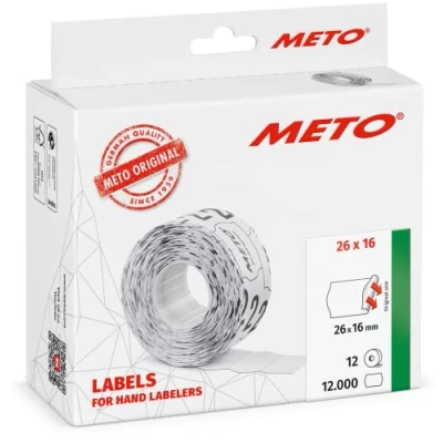 Bild av Meto etiketter för handetiketter (26x16 mm, 2 rader, 12 000 stycken, vit, permanent, METO, Contact, Sato, Avery, Tovel, Samark etc.)