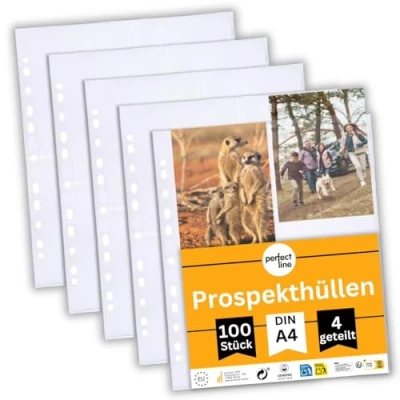 Bild av perfect line 100 plastfickor, 4 delade, glasklara, transparenta plastmappar A4, visningsficka med fyra fack (4 st. A6), färglöst, klart material, öppning upptill, för vykort, foton, dokument