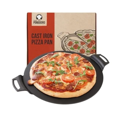 Bild av Chef Pomodoro Gjutjärnspizza, förkryddad stekpanna med handtag, bakpanna, rund för Dosa Tawa Roti, Comal tortillas, bakugn, ugn, grillgrill och camping (38 cm)