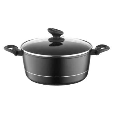 Bild av FLORINA Aluminiumkittel (5,1 l) 26 cm I Kokkittel DELUX med Glaslock Måttbägare &amp; Repskyddsbeläggning Induktionsbotten Lämplig för Induktionshäll (Svart)