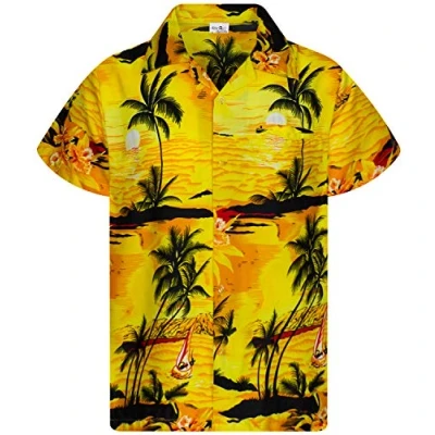 Bild av King Kameha Funky hawaiiskjorta herr, kortärmad, framficka, hawaiitryck, strandsurftryck, Surf gul, S
