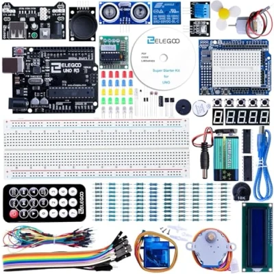 Bild av ELEGOO UNO R3 startpaket kompatibel med Arduino IDE projektstartset handledning på tyska, mikrokontroller, 5 V reläer, strömförsörjningsmodul, servomotor, expansionskort etc.