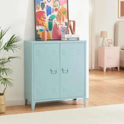 Bild av [en.casa] Metallskåp Oripää vardagsrumsskåp 90 x 80 33 cm arkivskåp verkstadsskåp med 2 dörrar och en höjdjusterbar hylla gråblå